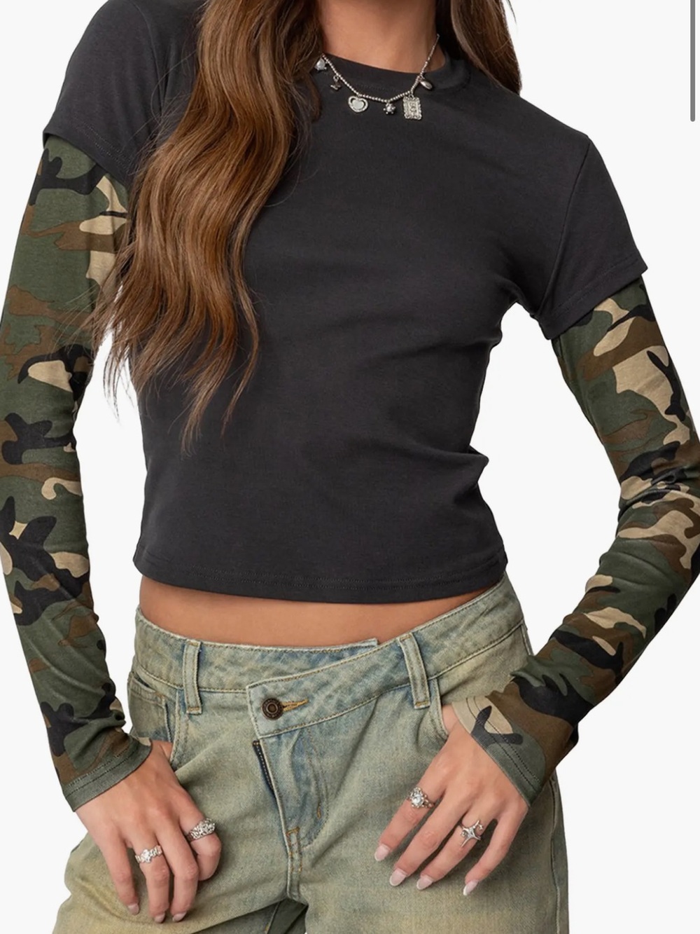 Edikted Black Crop Top with Camouflage Sleeves